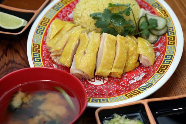 The Workout Rice Hainanese chicken rice with a side of miso soup is seen at Gangnam Food Hall, 1001 W. Chicago Avenue in Chicago, on April 30, 2024. (Terrence Antonio James/Chicago Tribune)