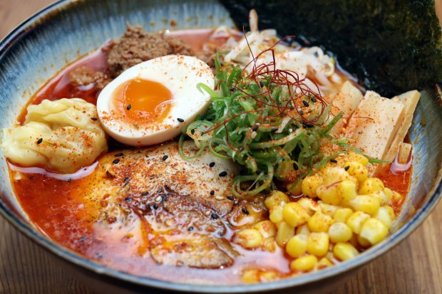 The Seven Faced Bird Ramen spicy miso ramen is seen at Gangnam Food Hall, 1001 W. Chicago Avenue in Chicago, on April 30, 2024. (Terrence Antonio James/Chicago Tribune)