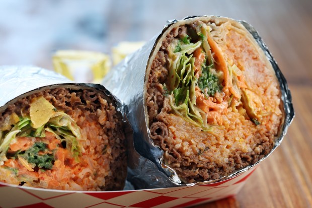 The Gangnam Taco bulgogi burrito is seen at Gangnam Food Hall, 1001 W. Chicago Avenue in Chicago, on Tuesday, April 30, 2024. (Terrence Antonio James/Chicago Tribune)