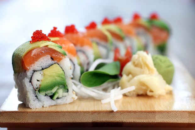 The Gangnam Sushi salmon Dragon Roll is seen at Gangnam Food Hall, 1001 W. Chicago Avenue in Chicago, on April 30, 2024. (Terrence Antonio James/Chicago Tribune)
