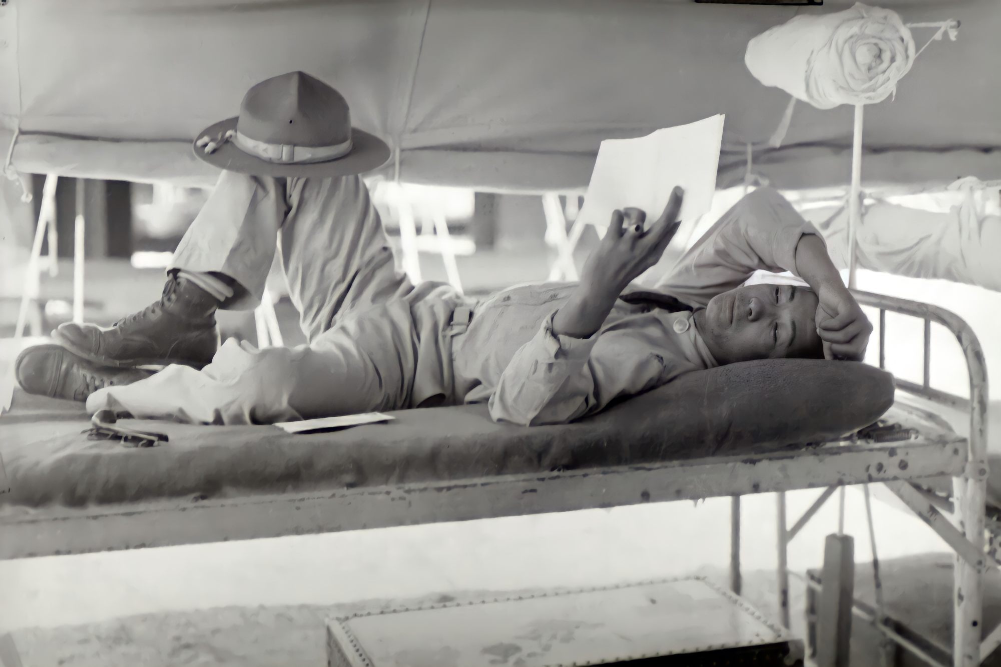 Robert Earl Chan reading letters from home during the second world war. Photo: courtesy of Alexandra Chan