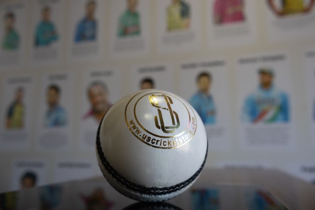 A hard leather and cork cricket ball is on display in front of a mural of famous cricket players at the US Cricket Store in Milpitas. (Nischal Jasti/Mosaic)