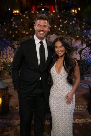 Jenn Tran and Jesse Palmer are seen in "The Bachelorette" Season 21 premiere, airing July 8, 2024.