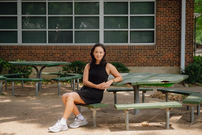 DALLAS, TX - AUGUST 4, 2024: Averie Bishop, the Democratic candidate for Texas House District 112 and former Miss Texas, poses for a portrait at Spring Valley Elementary in Dallas, Texas on Sunday, August 4, 2024. Ms. Bishop was a substitute teacher at the elementary school in 2023, which has since closed. CREDIT: Desiree Rios for The Texas Tribune