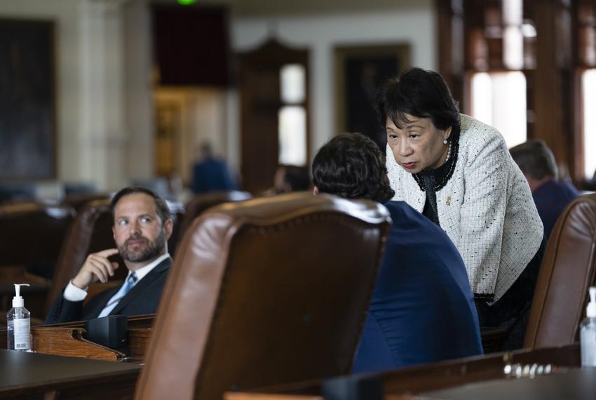 State Rep. Angie Chen Button, R-Richardson, talks with other legislators on the House floor on July 20, 2021.