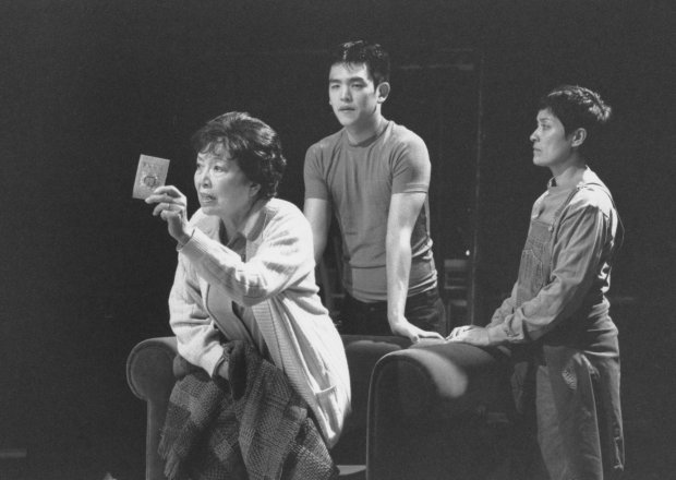 Founder Beulah Quo (left), John Cho (middle), and Deb Nishimura (right) in Ikebana in 1996. (Courtesy of East West Players)