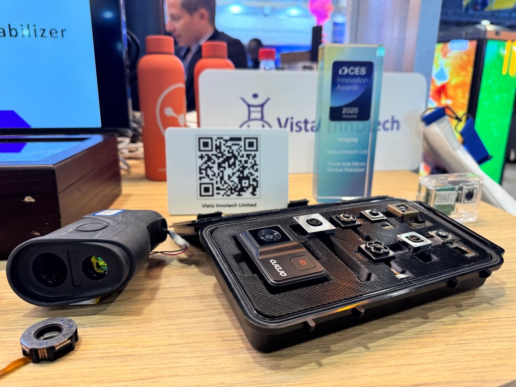 The 3-axis micro gimbal stabiliser developed by Vista InnoTech on display at CES. Photo: Wency Chen