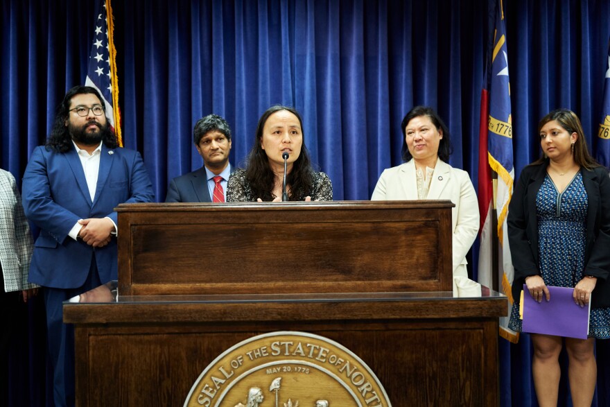 File image of Representative Ya Liu speaking at a press conference at the NC General Assembly with members of N.C. Asian Americans Together on May 8, 2024.