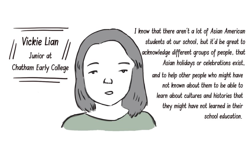 An illustration of Chatham Early College student Vickie Lian saying,"I know that there aren’t a lot of Asian American students at our school, but it’d be great to acknowledge different groups of people, that Asian holidays or celebrations exist, and to help other people who might have not known about them to be able to learn about cultures and histories that they might have not learned in their school education."