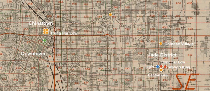 Aerial view of a neighborhood layout with labeled blocks and streets in East Portland, highlighting areas for development and existing infrastructure.
