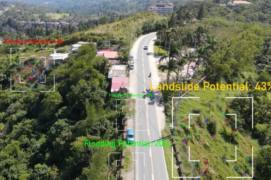 Image shows an aerial view of cars driving on a road surrounded by trees with texts indicating the flood and landslide risks