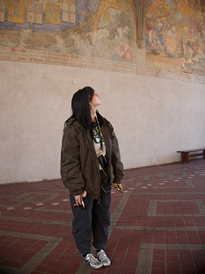 Person in brown jacket looks up at medieval murals in a castle hallway.