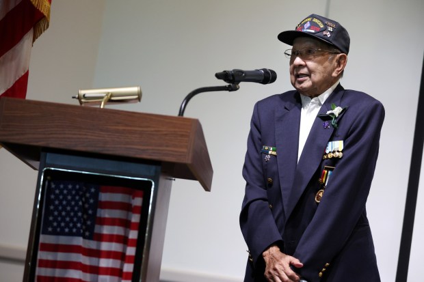 Korean veteran Joseph Wong speaks during an unveiling ceremony for a monthlong exhibit highlighting contributions of Asian Americans in the U.S. military at Bruggemeyer Library in Monterey Park on Friday, July 3, 2026. The exhibit also serves as a celebration of America's 250th anniversary. (Photo by Trevor Stamp, Contributing Photographer)