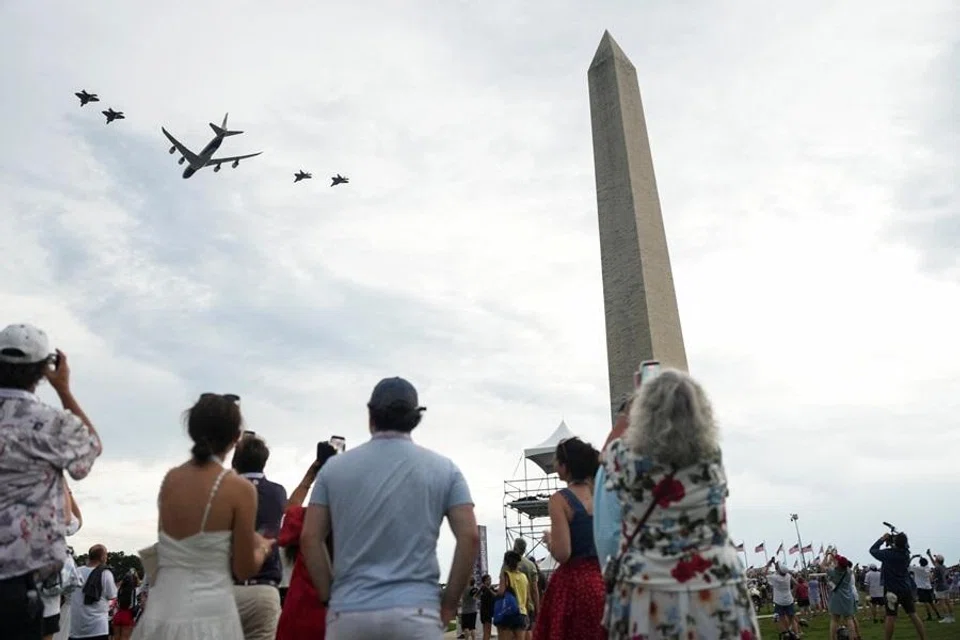 Air Force One flies over the National Mall, as part of Fourth of July celebrations marking the 250th anniversary of US independence, in Washington, DC, US, on 4 July 2026.