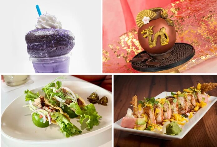 Collage of four gourmet dishes: a purple shake with whipped cream, a golden chocolate dessert, seafood tacos, and lettuce wraps with lime.