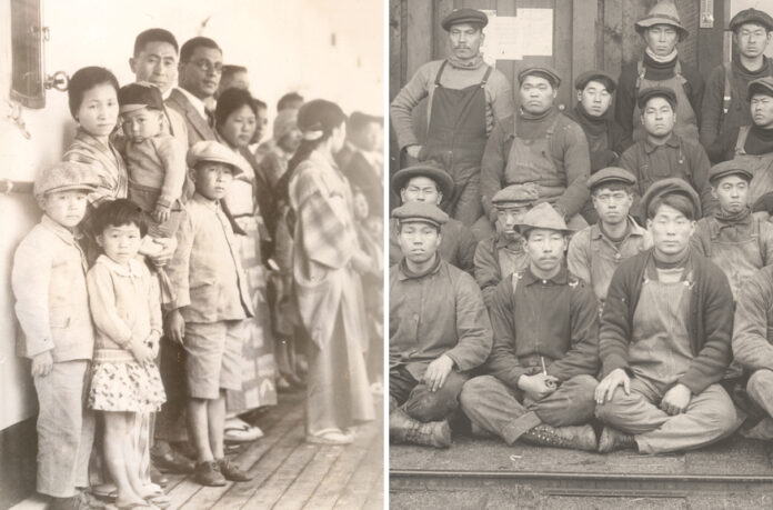 Black and white photos of Japanese immigrants and Chinese laborers.