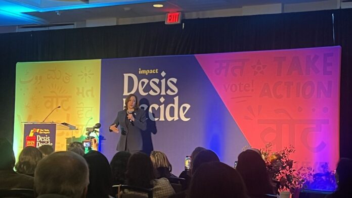 Vice President Kamala Harris speaks at Indian American Impact Project's Annual Summit during Asian American, Native Hawaiian and Pacific Islander heritage month on Wednesday, May 15, 2024 (Spectrum News)