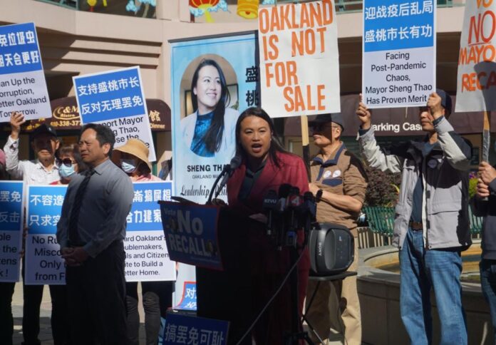 Sheng Thao speaks at anti-recall rally in Oakland Chinatown.