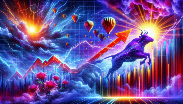 A vivid ultrahigh-definition image illustrating the concept of Asian markets experiencing dramatic economic growth, symbolized by an exponential growth chart or a bull racing upward. Signs of escalating optimism can be seen in the form of a radiant sunrise or rising balloons. In contrast, there's an ominous shadow of trade tariffs looming in the background, perhaps visually represented as a dark wall or storm clouds, hinting at the challenges that might hinder the progress.