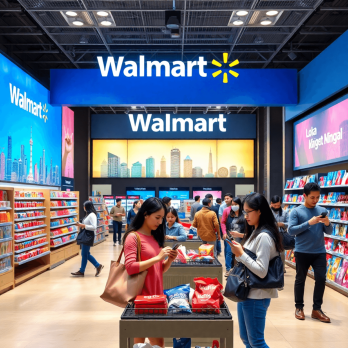 Modern Walmart store interior with digital shopping tech, diverse shoppers using devices, set against vibrant Asian city skylines like Shanghai and...