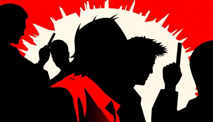 A striking abstract composition of jagged black silhouettes and bold geometric shapes in red and white, conceptually representing the defiant, unconventional spirit of CAAMFest 2026.