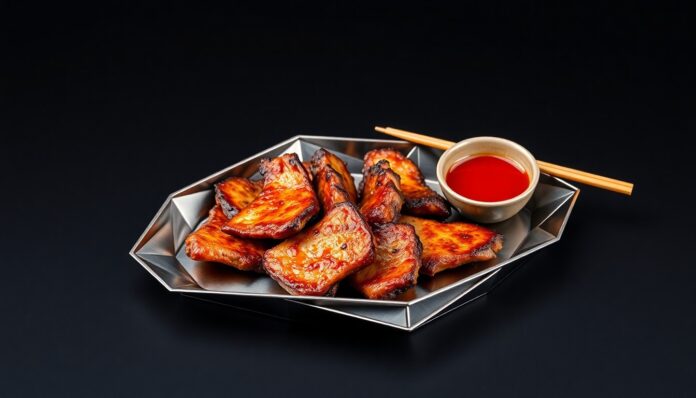 A high-end studio still life featuring charred meat slices, a spicy sauce, and wooden chopsticks, symbolizing the bold, fusion flavors of the now-shuttered Chinese Cowboy restaurant.